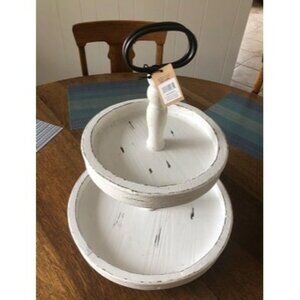 New Co-op Distressed Wood 2-Tier Tray with Metal Handle, Cream